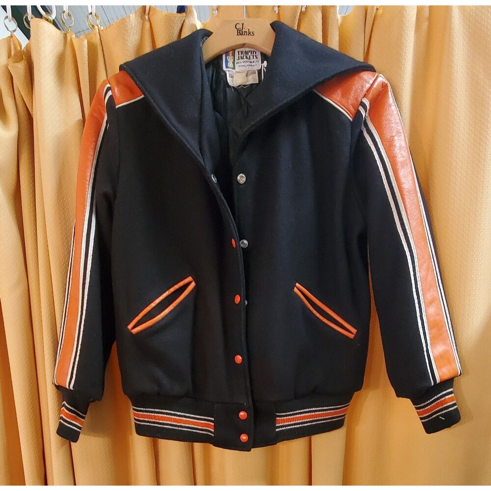 Vtg Trophy Jackets Varsity Letterman Jacket Womens 22 XL Orange Black White